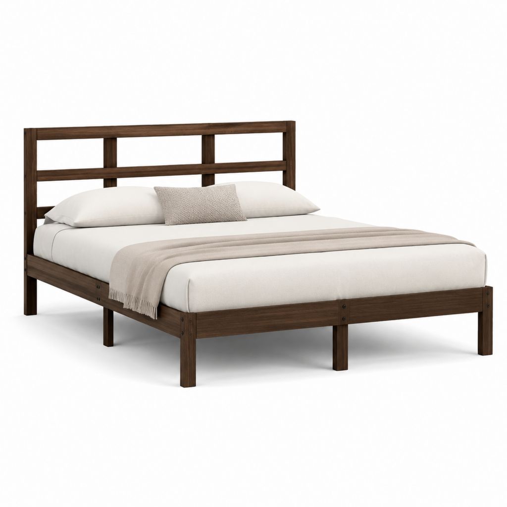 Lit double en bois massif de pin brun foncé avec tête de lit ouverte, matelas 160 × 200 cm, dimensions 208 × 168 × 110 cm