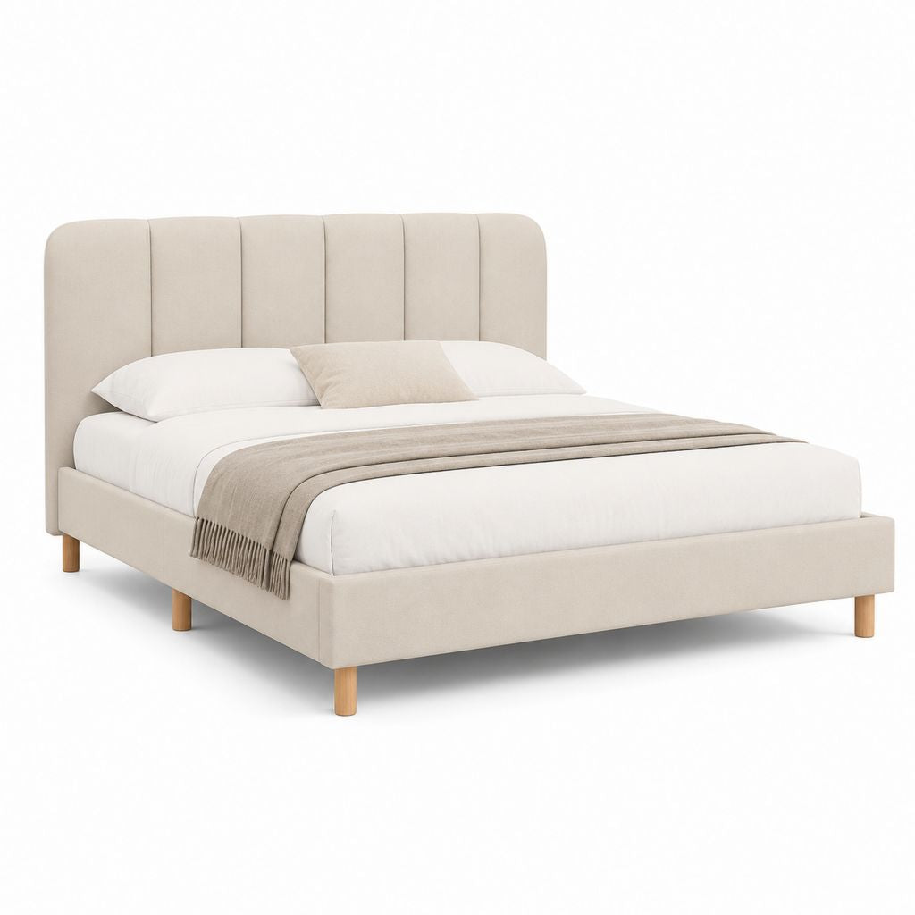 Lit double rembourré 160 × 200 cm beige avec tête de lit à panneaux et jambes en bois