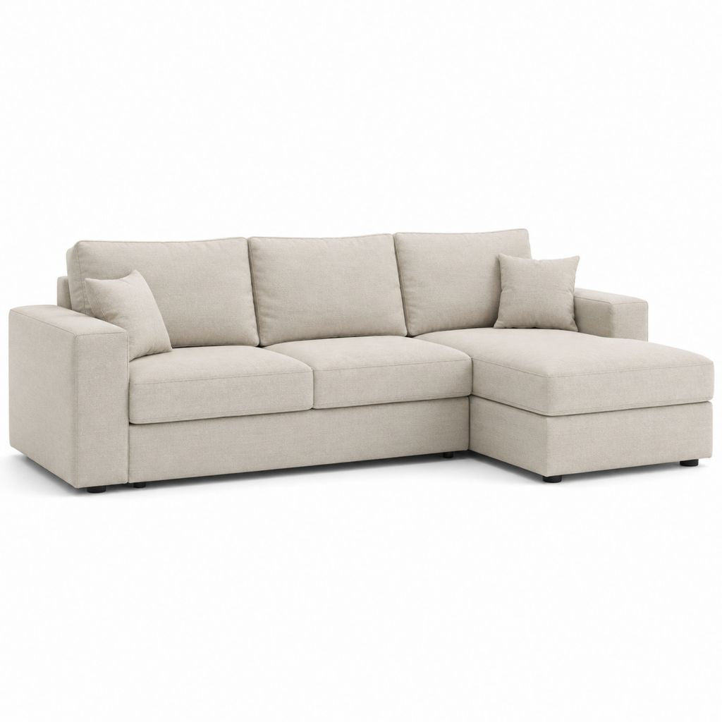 Canapé angulaire L 3 places en tissu beige clair avec chaise longue droite, 250 × 160 × 85 cm
