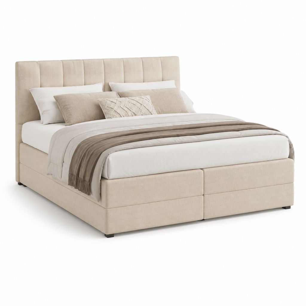 Lit boxspring double beige en tissu avec matelas à ressorts ensachés 160 × 200 cm, dimensions 171 × 210 × 120 cm