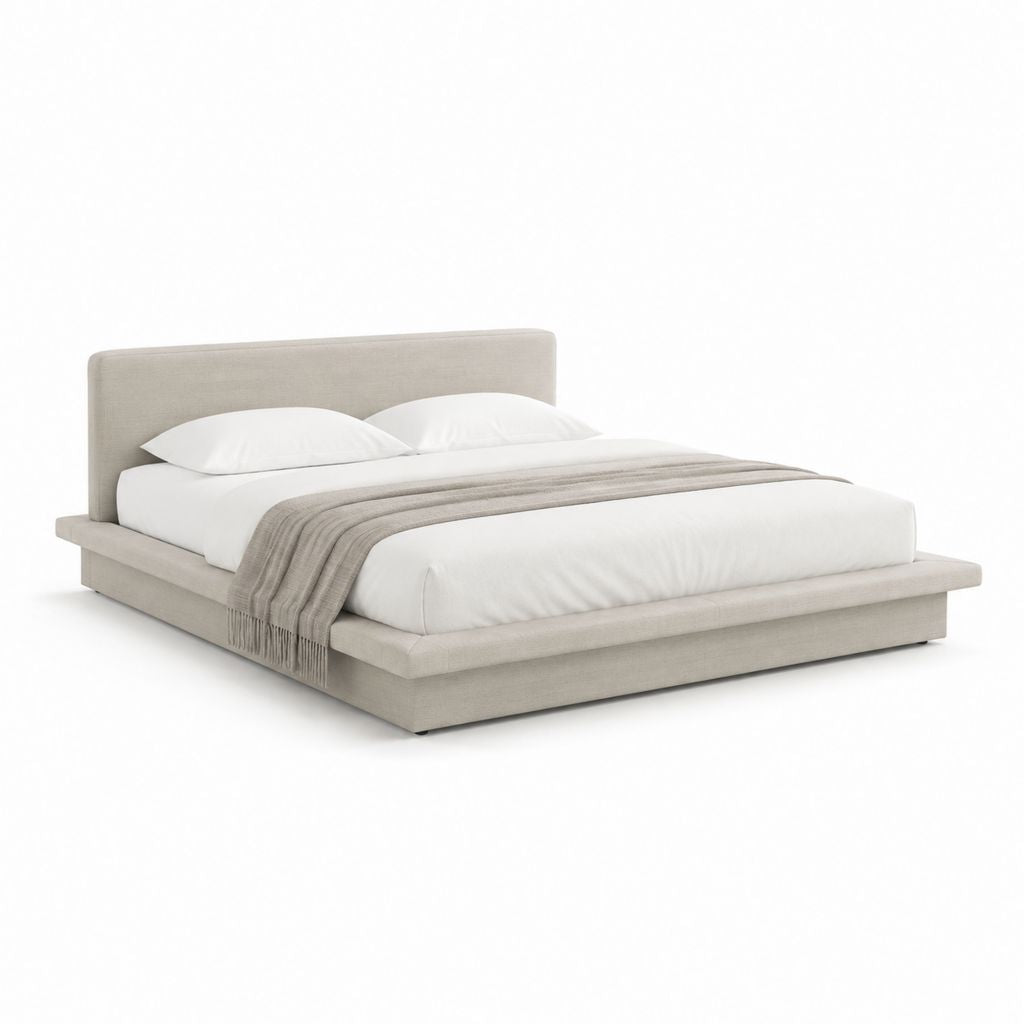 Lit double rembourré beige clair 160 × 200 cm avec tête de lit et filet à lattes