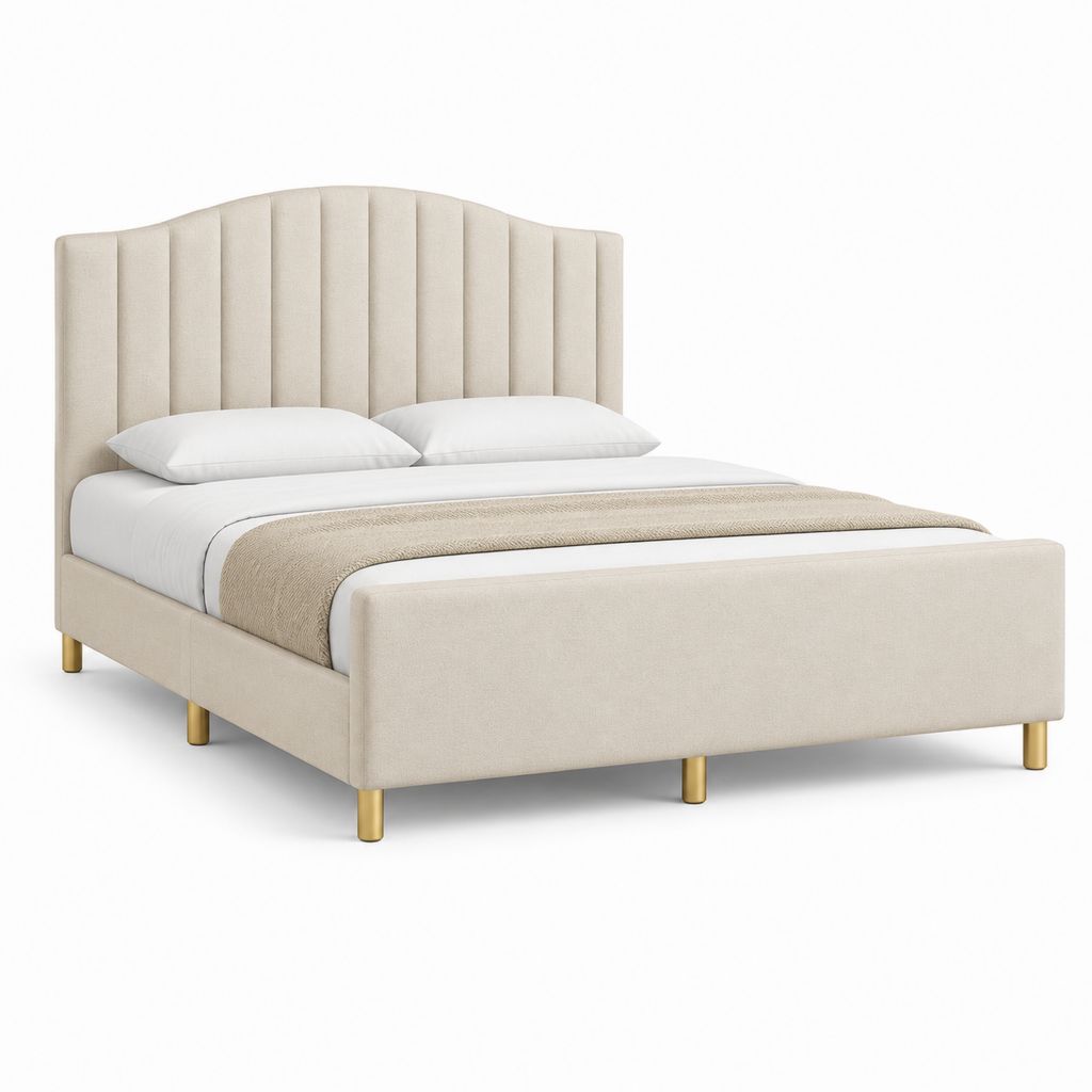 Lit double rembourré 160 × 200 cm, dimensions 215 × 170 × 120 cm, beige et or, avec tête arquée rainurée et jambes en acier