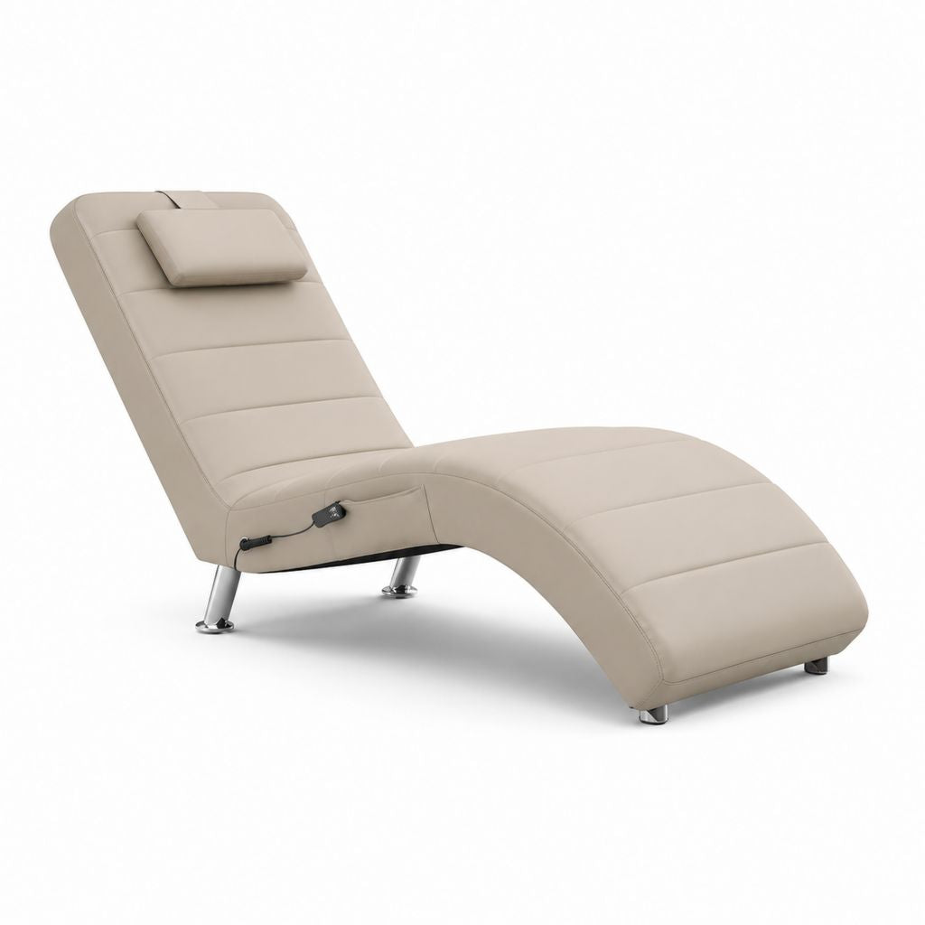 Chaise longue massage en cuir synthétique PU et acier chromé, beige, 165 × 60 × 79 cm