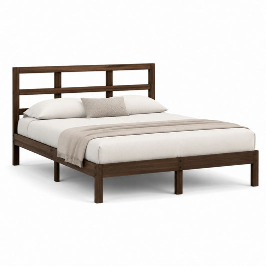 Lit double en bois massif de pin brun foncé avec tête de lit ouverte, matelas 160 × 200 cm, dimensions 208 × 168 × 110 cm