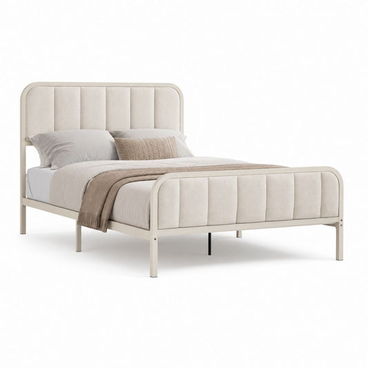Lit double rembourré 140 × 190 cm en acier et tissu beige avec tête de lit et pédier