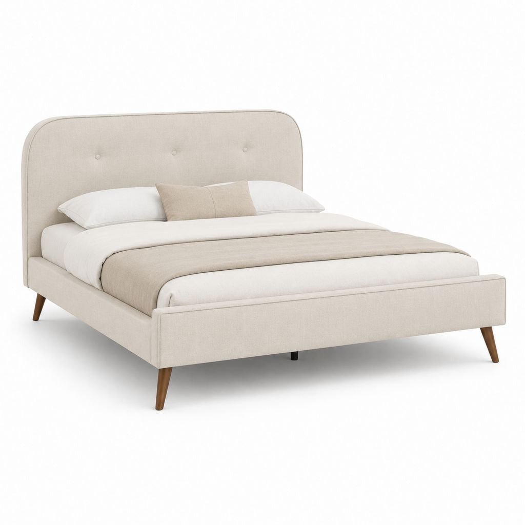 Lit double rembourré en tissu beige avec tête arrondie et filet 160 × 200 cm, dimensions 171 × 216 × 112 cm