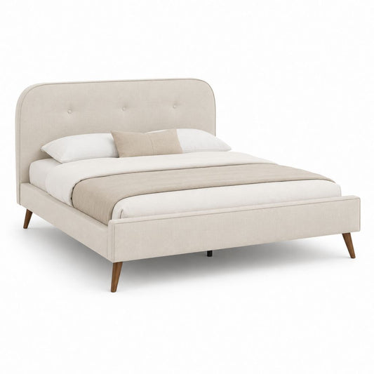 Lit double rembourré en tissu beige avec tête arrondie et filet 160 × 200 cm, dimensions 171 × 216 × 112 cm