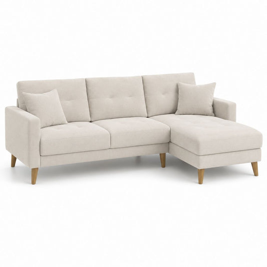 Canapé angulaire L 3 places en tissu beige avec péninsule droite, 228 × 147 × 85 cm