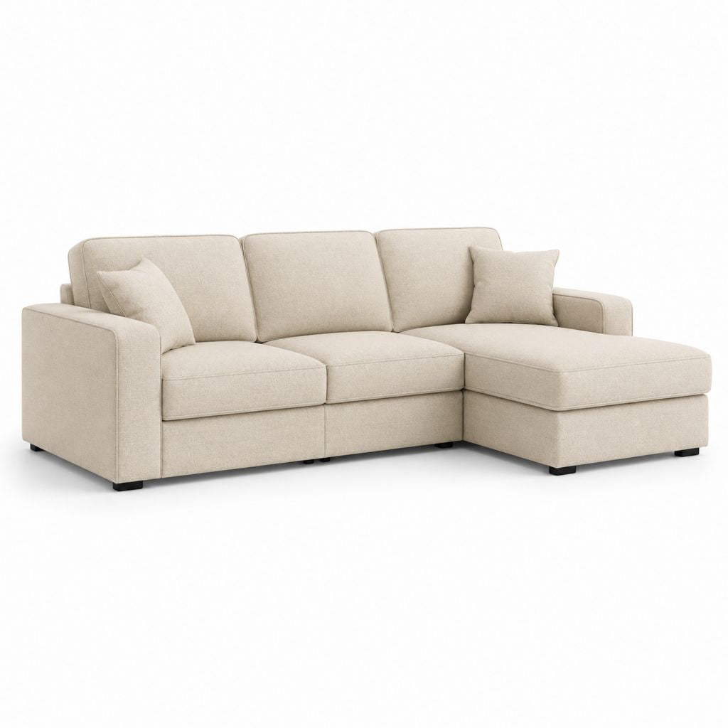 Canapé angulaire 3 places avec péninsule droite, revêtement en tissu beige, 250 × 155 × 85 cm