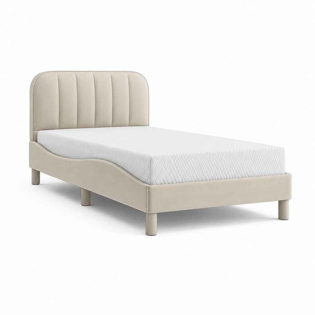 Lit double rembourré 140 × 200 cm en polyester beige avec tête de lit rainurée et filet à lattes