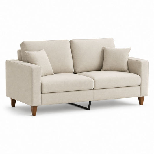 Canapé 2 places beige avec 2 coussins décoratifs, revêtement en polyester, 175 × 86 × 86 cm