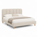 Lit double rembourré 160 × 200 cm beige avec tête de lit à panneaux et jambes en bois