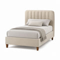 Lit simple rembourré en polyester beige avec tête rainurée, 105 × 215 × 120 cm, pour matelas 90 × 200 cm