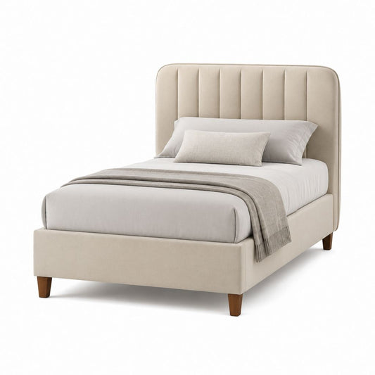 Lit simple rembourré en polyester beige avec tête rainurée, 105 × 215 × 120 cm, pour matelas 90 × 200 cm