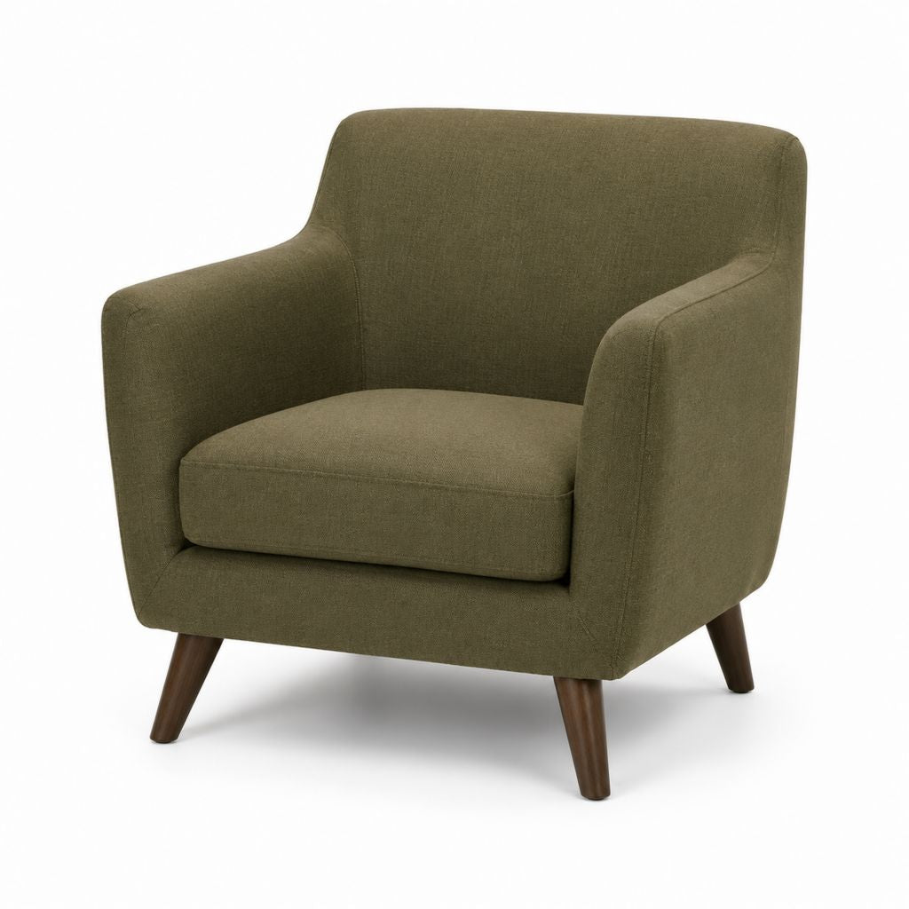Fauteuil rembourré en polyester vert olive avec accoudoirs et jambes en bois massif, 76 × 78 × 83 cm
