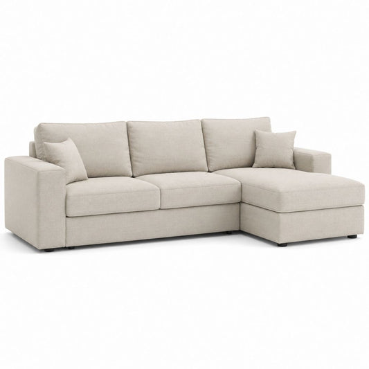Canapé angulaire L 3 places en tissu beige clair avec chaise longue droite, 250 × 160 × 85 cm
