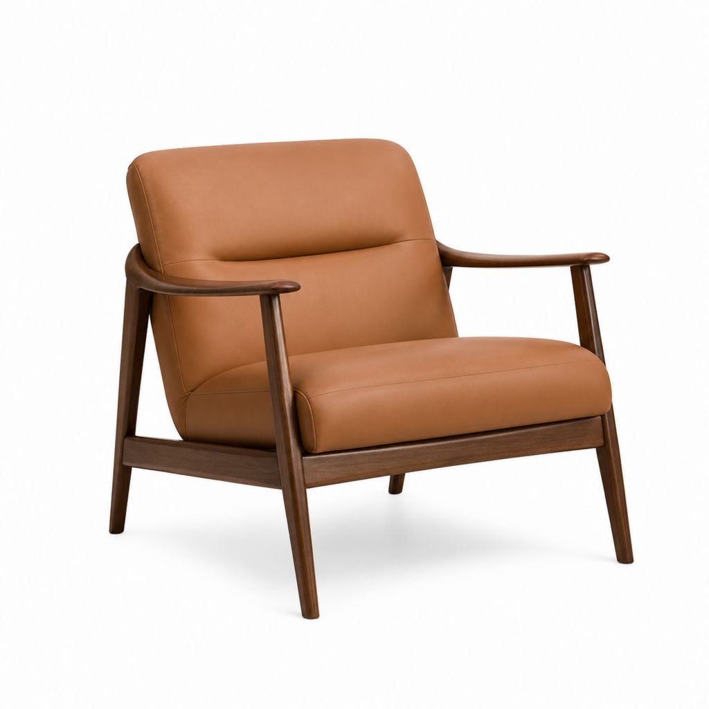 Fauteuil salon en similicuir et bois de cognac et noyer foncé, 76 × 80 × 82 cm