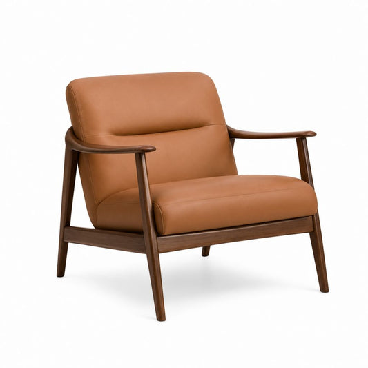 Fauteuil salon en similicuir et bois de cognac et noyer foncé, 76 × 80 × 82 cm