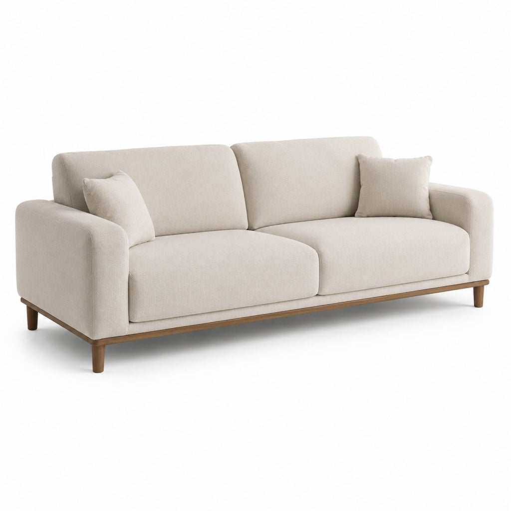 Canapé 3 places en polyester beige avec base en bois massif et 2 coussins, 220 × 90 × 85 cm