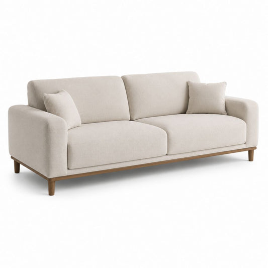 Canapé 3 places en polyester beige avec base en bois massif et 2 coussins, 220 × 90 × 85 cm