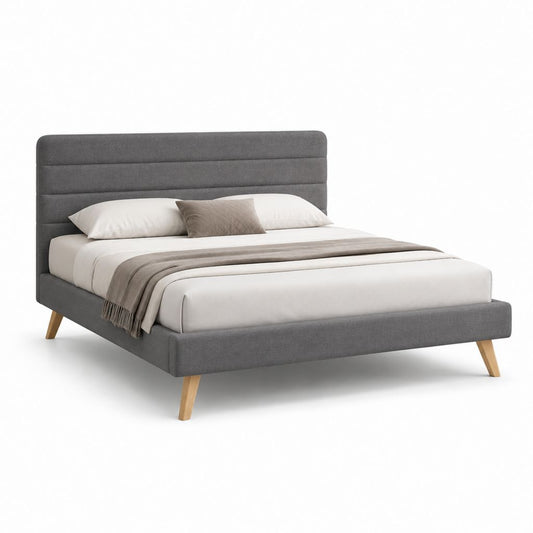 Lit double rembourré 160 × 200 cm en tissu gris foncé avec tête de lit et filet à lattes