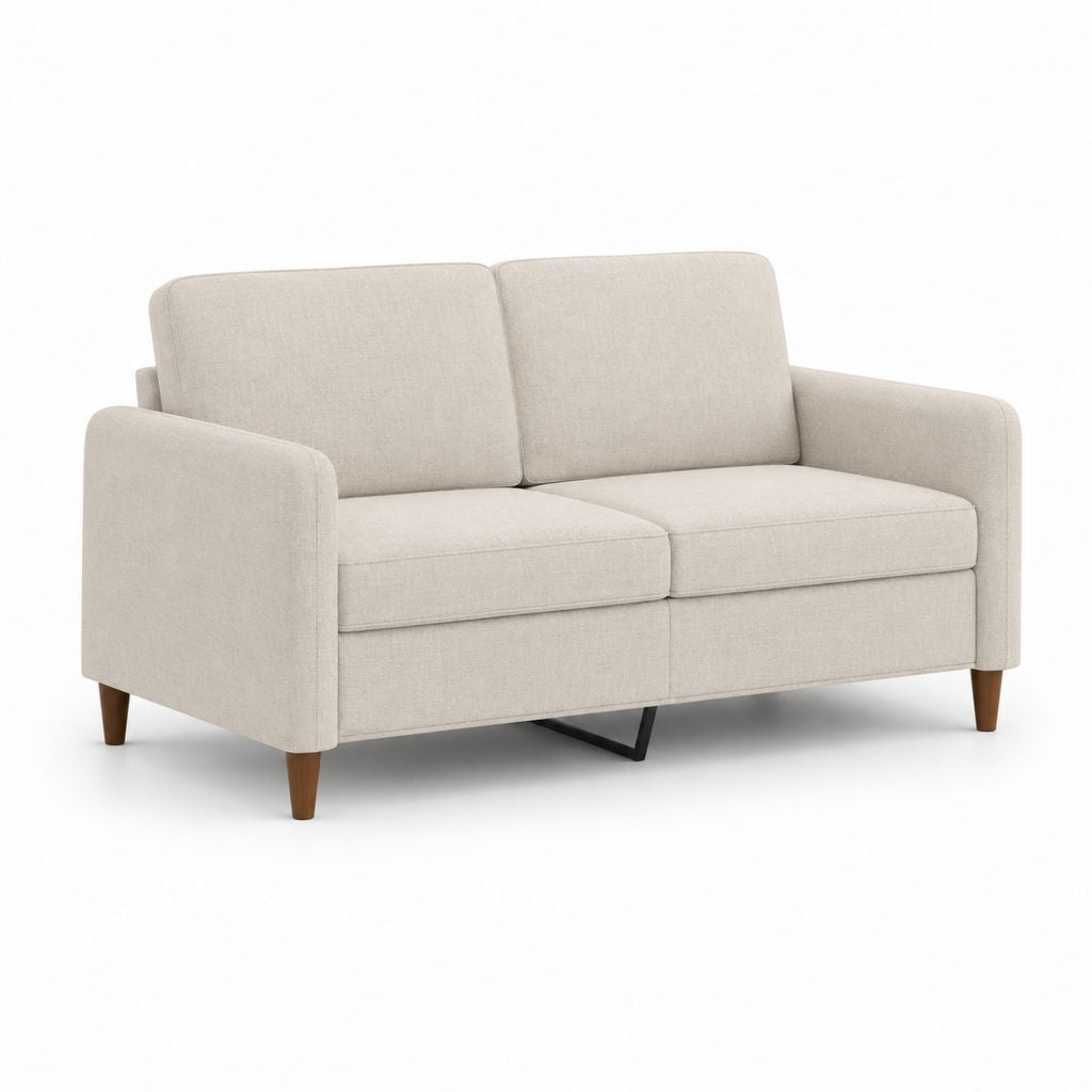 Canapé-lit 2 places en tissu beige clair avec structure en bois, 150 × 85 × 85 cm, lit 120 × 180 cm