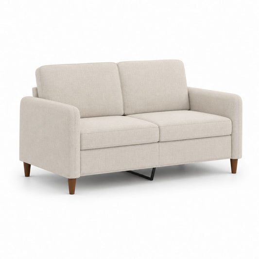 Canapé-lit 2 places en tissu beige clair avec structure en bois, 150 × 85 × 85 cm, lit 120 × 180 cm