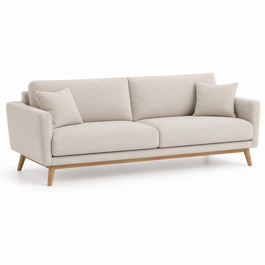 Canapé linéaire 3 places en tissu beige avec pieds en bois, 210 × 90 × 84 cm