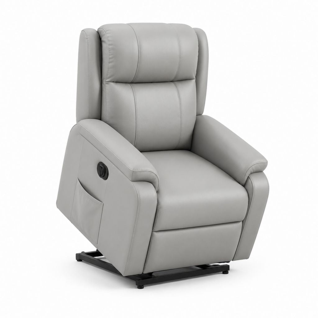 Fauteuil de relaxation électrique en cuir synthétique gris clair avec dossier haut, 78 × 90 × 105 cm