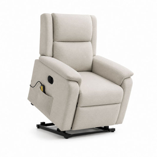 Fauteuil de relaxation électrique lève-personne inclinable en polyester beige clair, 82 × 92 × 108 cm