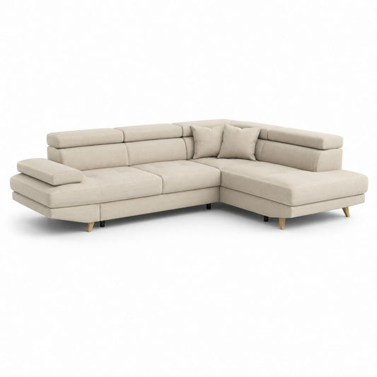 Canapé angulaire à 4 places en polyester beige avec péninsule droite et appuie-tête réglable, 280 × 220 × 80-99 cm
