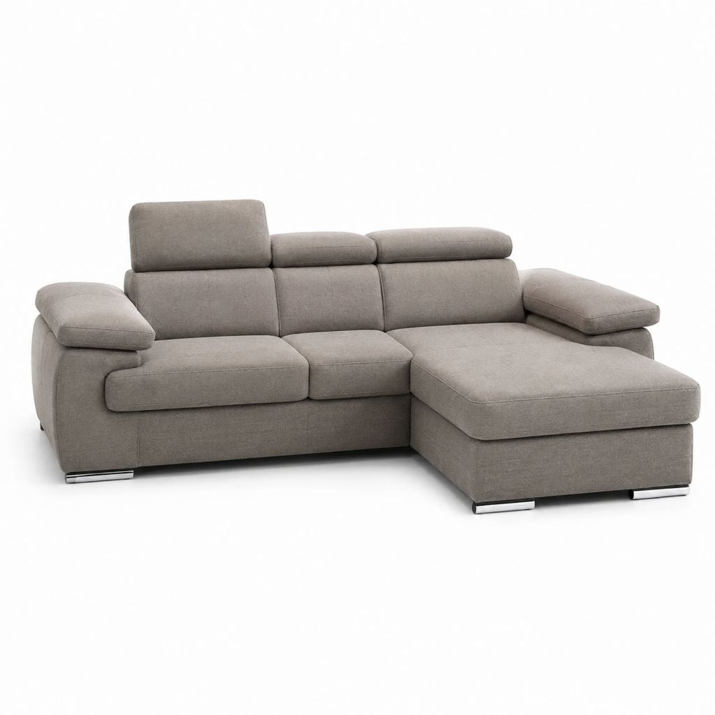 Canapé angulaire 3 places en polyester avec chaise longue droite et appuie-tête réglables, gris taupe, 245 × 165 × 95 cm