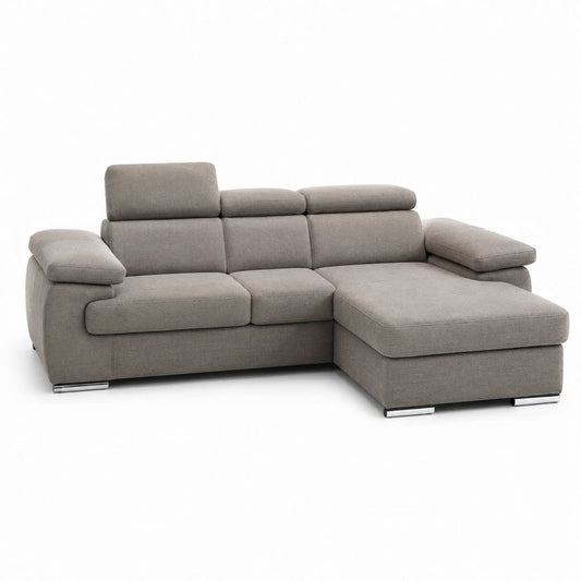 Canapé angulaire 3 places en polyester avec chaise longue droite et appuie-tête réglables, gris taupe, 245 × 165 × 95 cm