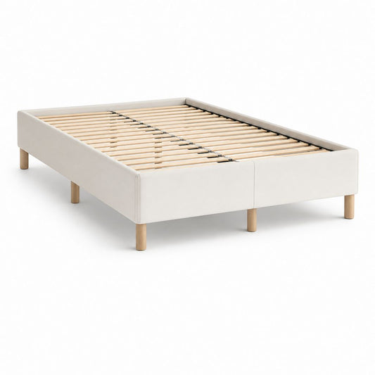 Lit double rembourré avec filet à lattes en bouleau, beige, pour matelas 180 × 200 cm, dimensions 186 × 206 × 35 cm
