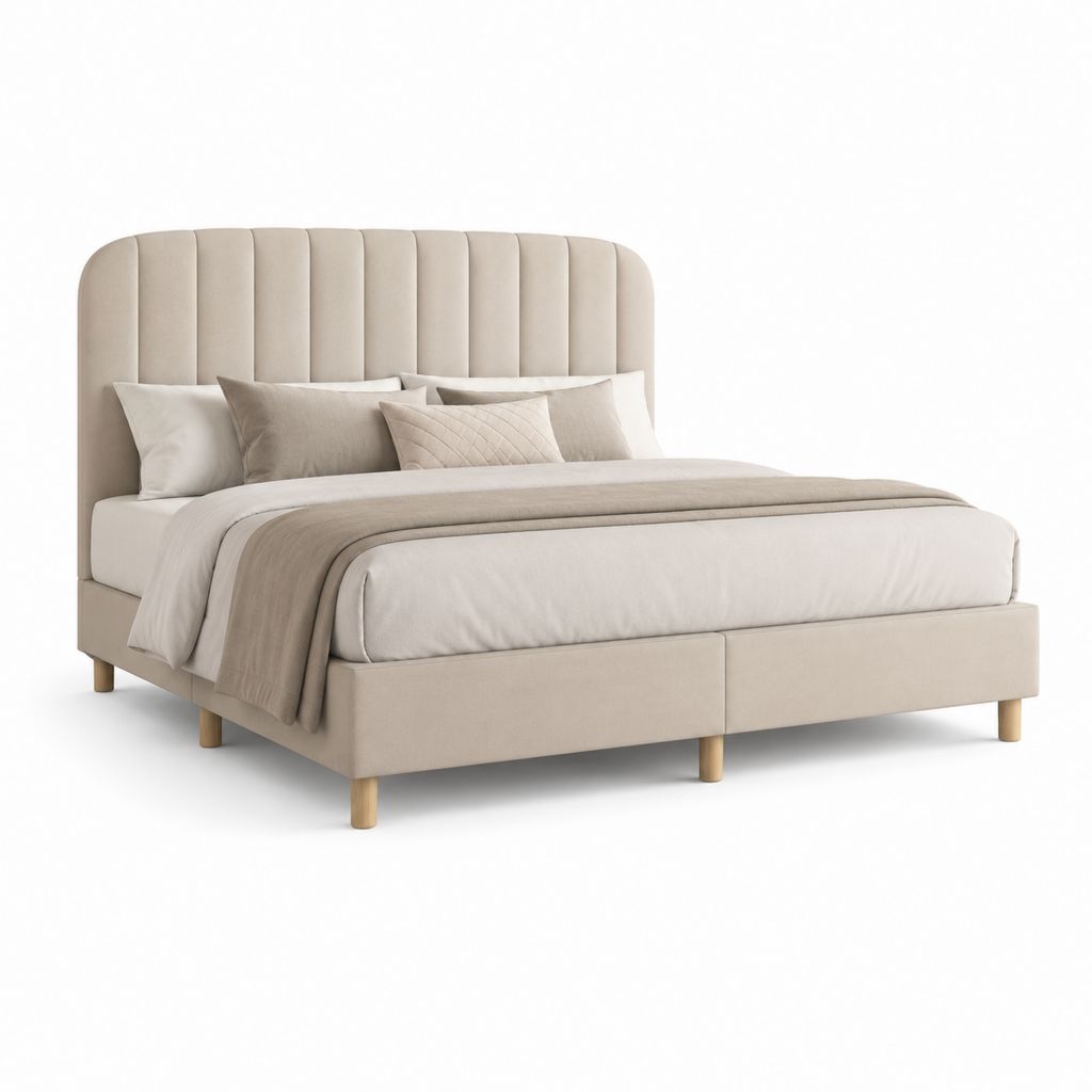 Lit double rembourré en tissu beige 180 × 200 cm avec tête de lit rainurée, structure en bois et filet à lattes
