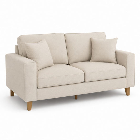 Canapé rectangulaire à 2 places en polyester beige avec 2 coussins décoratifs et jambes en bois massif, 170 × 86 × 84 cm