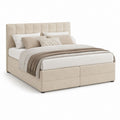 Lit boxspring double beige en tissu avec matelas à ressorts ensachés 160 × 200 cm, dimensions 171 × 210 × 120 cm