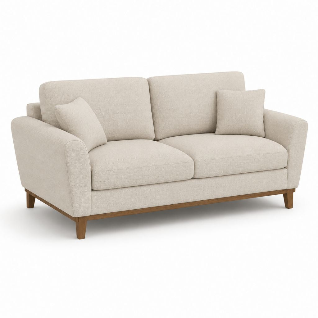 Canapé rectangulaire à 2 places en tissu beige avec pieds en bois, 180 × 86 × 85 cm