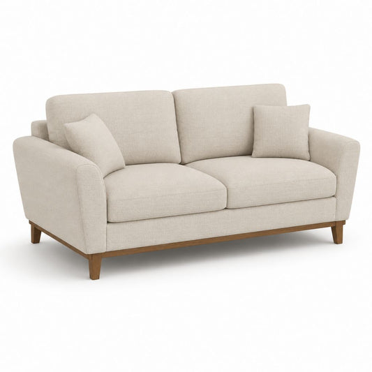 Canapé rectangulaire à 2 places en tissu beige avec pieds en bois, 180 × 86 × 85 cm