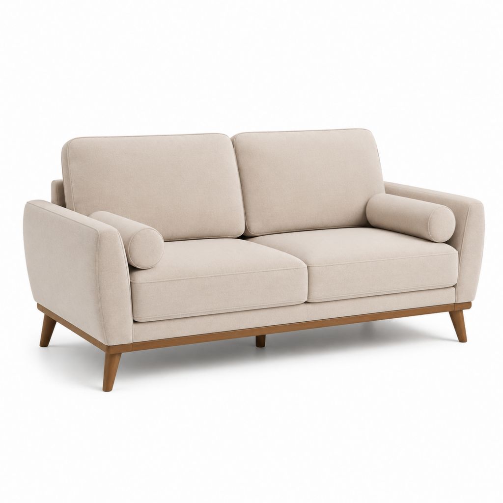 Canapé rectangulaire à 2 places en tissu avec structure en bois, beige et marron, 180 × 84 × 84 cm