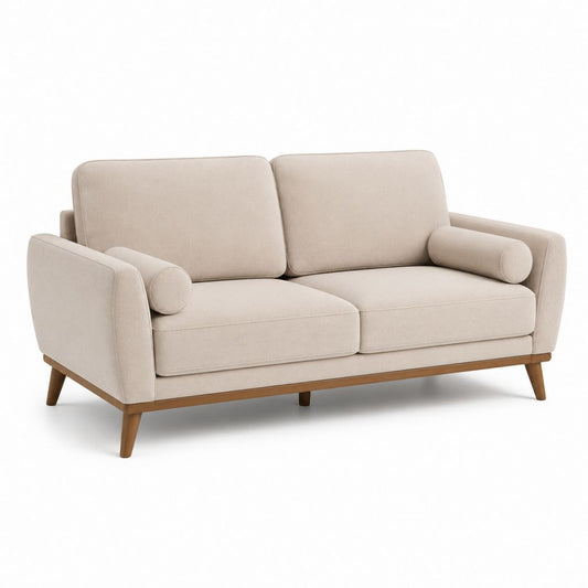 Canapé rectangulaire à 2 places en tissu avec structure en bois, beige et marron, 180 × 84 × 84 cm