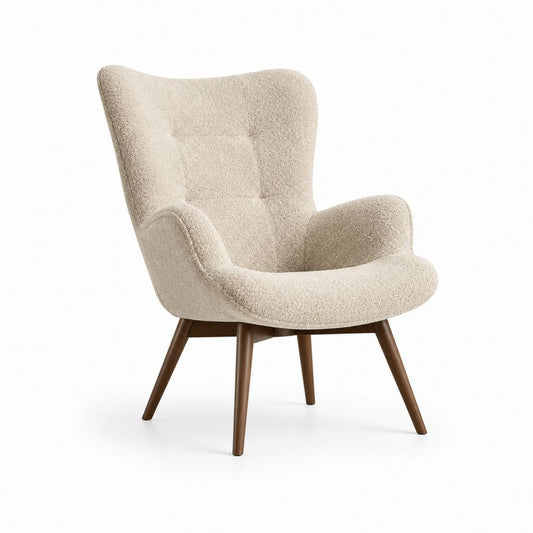 Fauteuil en boutons de polyester avec accoudoirs et jambes en bois massif, beige et noyer, 77 × 82 × 98 cm