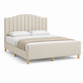 Lit double rembourré 160 × 200 cm, dimensions 215 × 170 × 120 cm, beige et or, avec tête arquée rainurée et jambes en acier