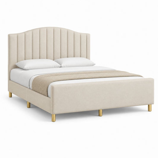 Lit double rembourré 160 × 200 cm, dimensions 215 × 170 × 120 cm, beige et or, avec tête arquée rainurée et jambes en acier