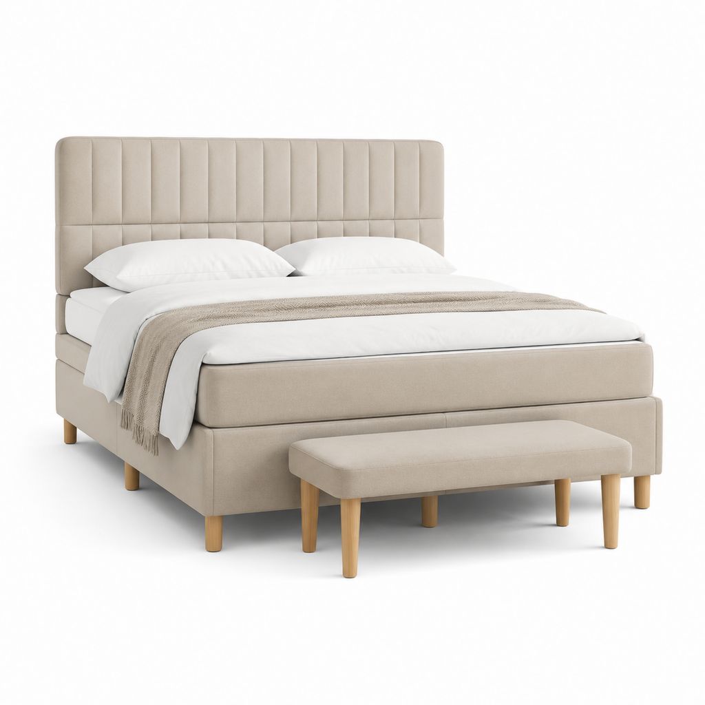 Lit double rembourré avec tête de lit et banc coordonné, beige, pour matelas 180 × 200 cm