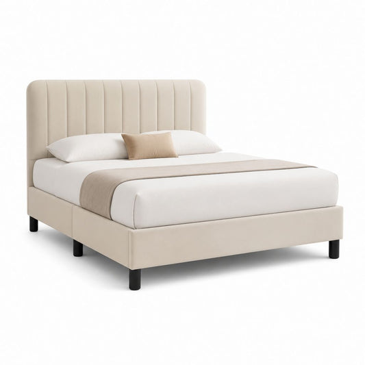 Lit double rembourré en tissu beige avec tête à panneaux, 170 × 212 × 120 cm, pour matelas 160 × 200 cm