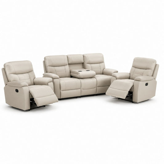 Complet de salon inclinable manuel 3 pièces, 5 places, en cuir synthétique beige, canapé 200 × 95 × 103 cm et 2 fauteuils 92 × 95 × 103 cm