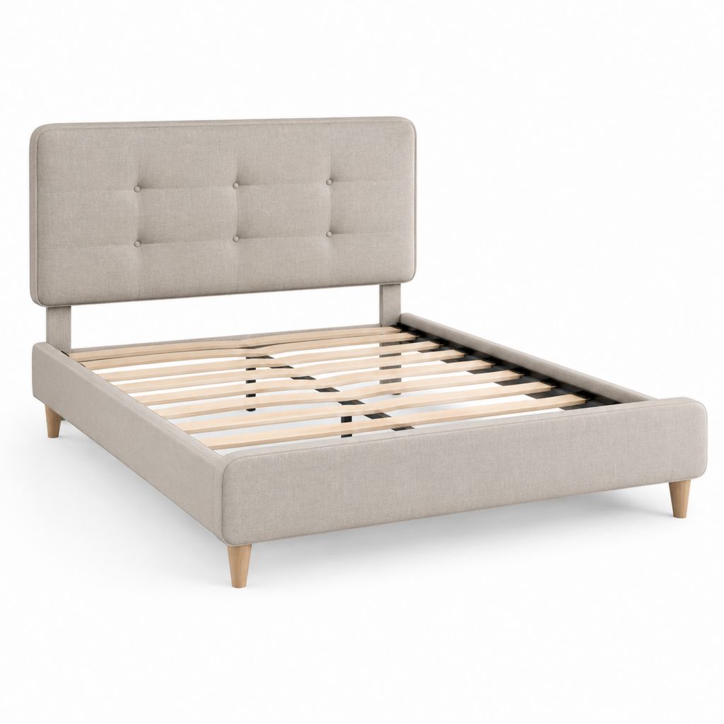 Lit double rembourré en polyester beige clair 170 × 218 × 112 cm, pour matelas 160 × 200 cm, avec tête matelassée et filet à lattes