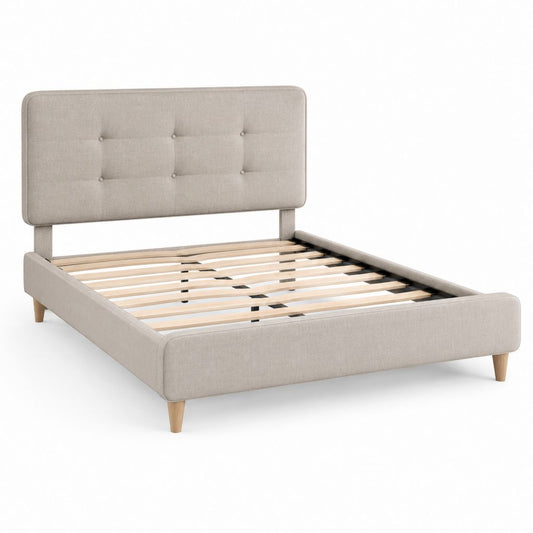 Lit double rembourré en polyester beige clair 170 × 218 × 112 cm, pour matelas 160 × 200 cm, avec tête matelassée et filet à lattes