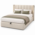 Lit double conteneur 160 × 200 cm en tissu beige avec tête de lit rembourrée et lumières LED, 171 × 215 × 120 cm